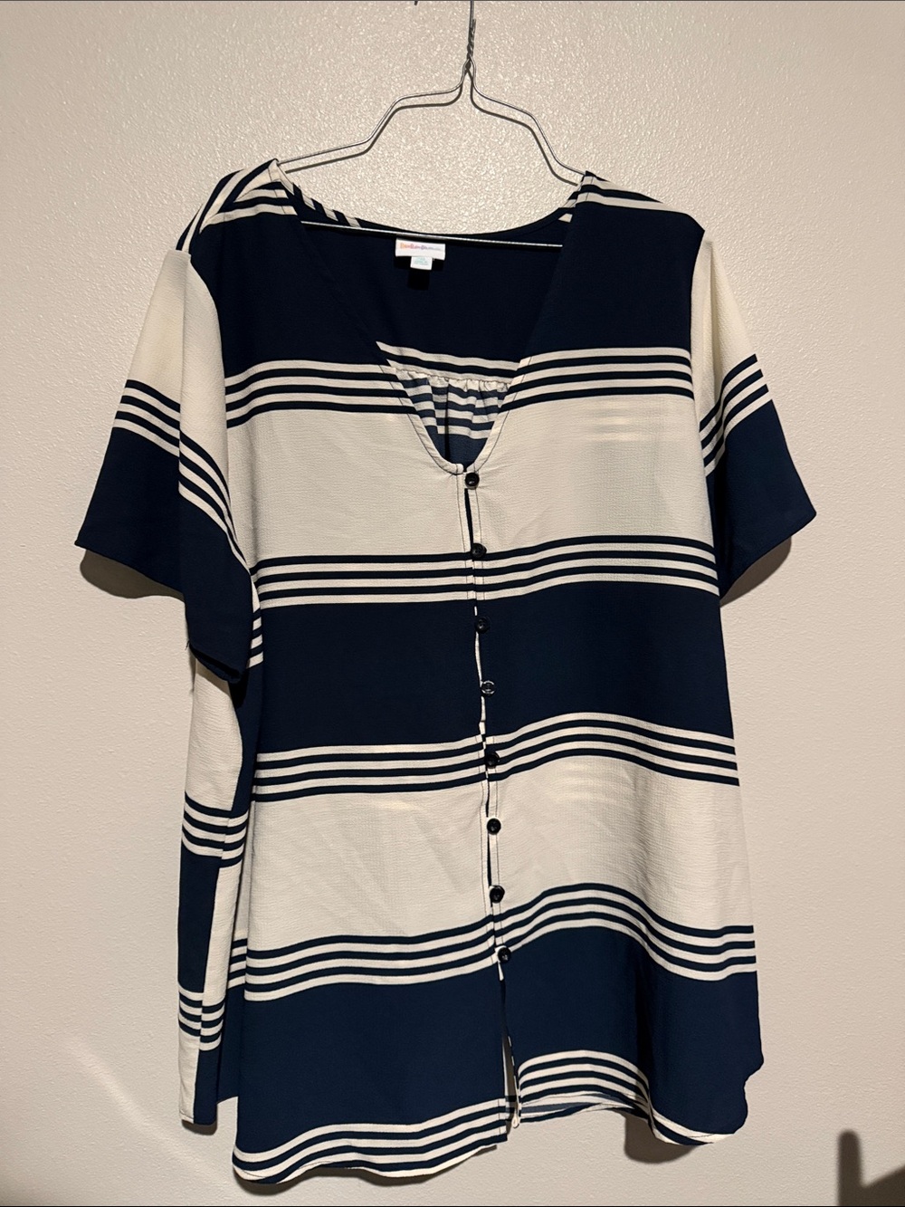 LuLaRoe Navy and White Striped Button-Front Top